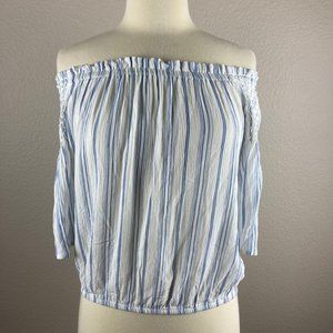 SO Off the Shoulder Blue White Striped Smock Crop Top - S NWT